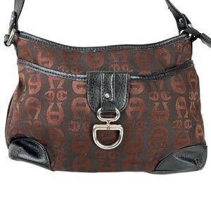 ETIENNE AIGNER Chocolate Brown Logo Canvas Shoulder Bag Handbag Satchel Purse